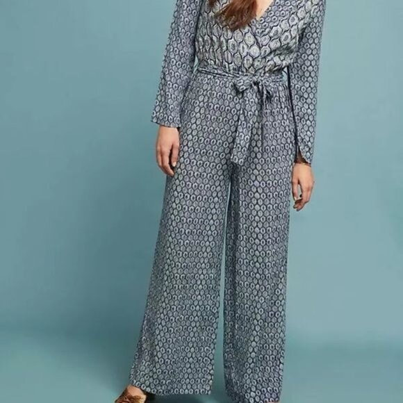 Blank London Anthropologie Seine Blue Motif Jumpsuit Flowy Women's Petite XS - Picture 1 of 12
